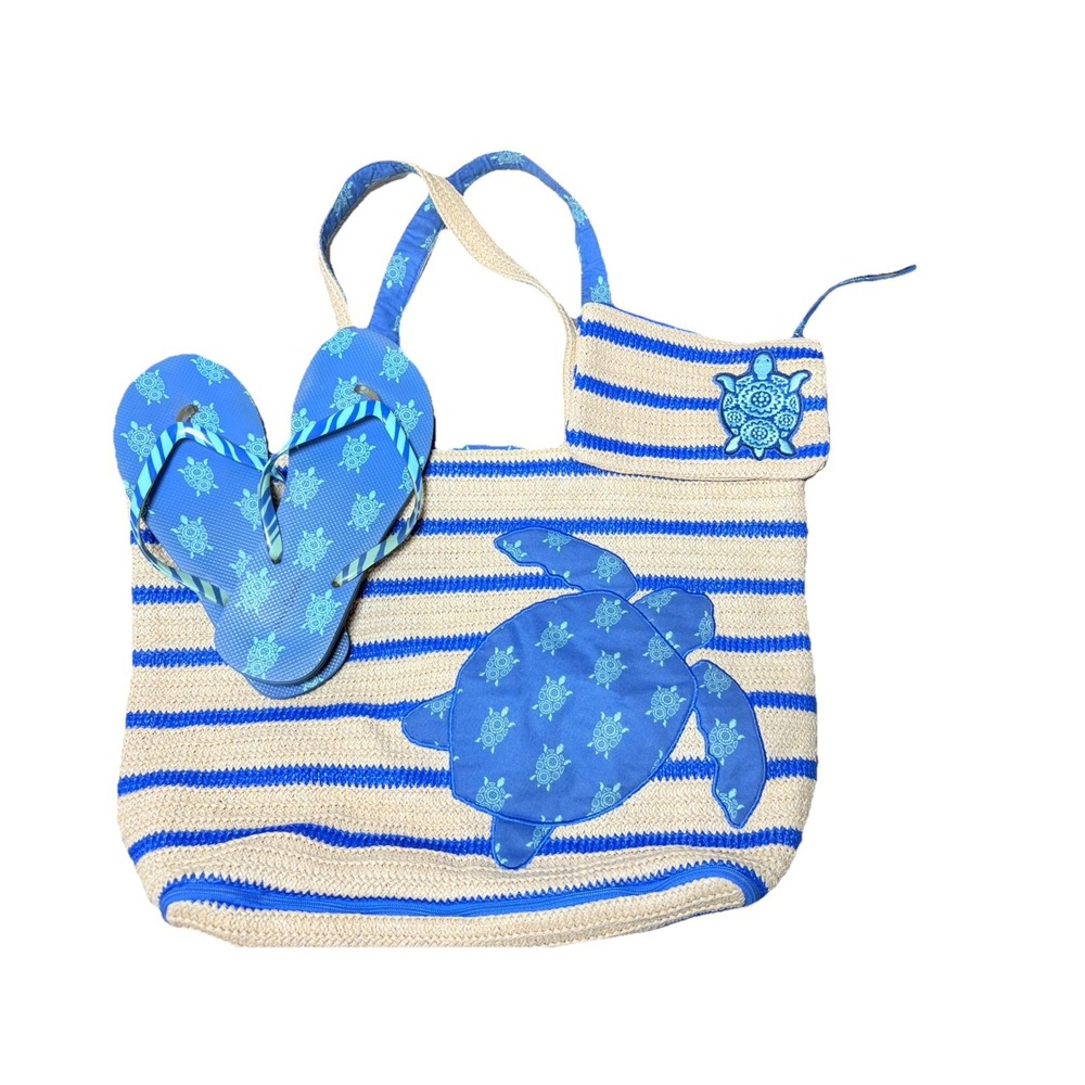 Vera Bradley Seashore Beach‎ Bag Set Tote Wallet Flip Flops Sea Turtle Blue